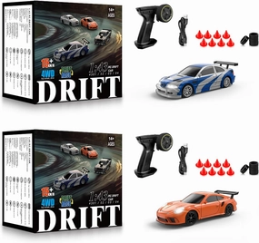 2 Pcs RC Drift Car, 1/43 Scale 2.4GHz Full Proportional Mini RC Remote Control Sports Car, 4WD High Speed Race Car with Lights, Racing Tires, RC Model Cars Toy Gift for Adults, Kids, Boys, Girls