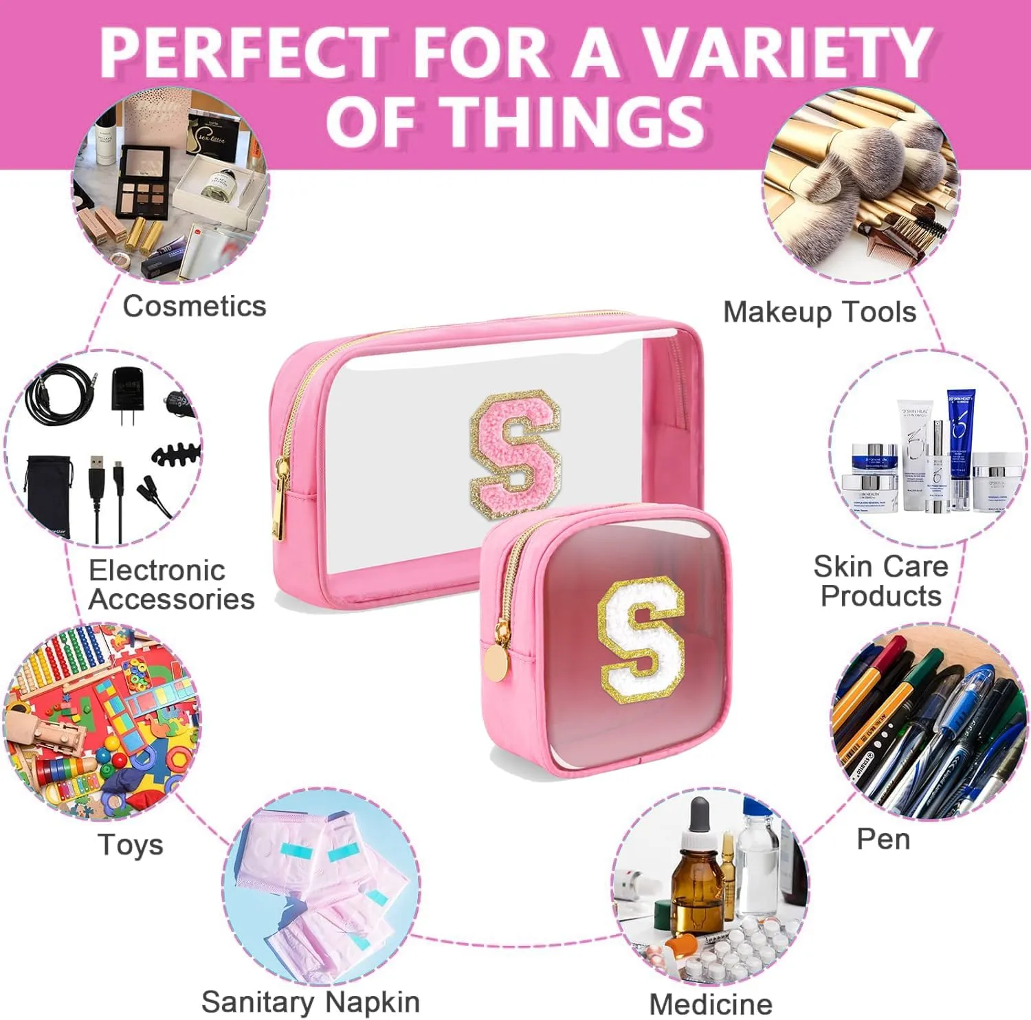 2pcs Personalized Initial Letter Clear Makeup Bag | Waterproof Nylon Preppy Cosmetic Bag | Travel Toiletry Bag | Monogrammed Gifts for Women Girl | Wedding Bridal Shower Gifts for Bridesmaids(Pink L)