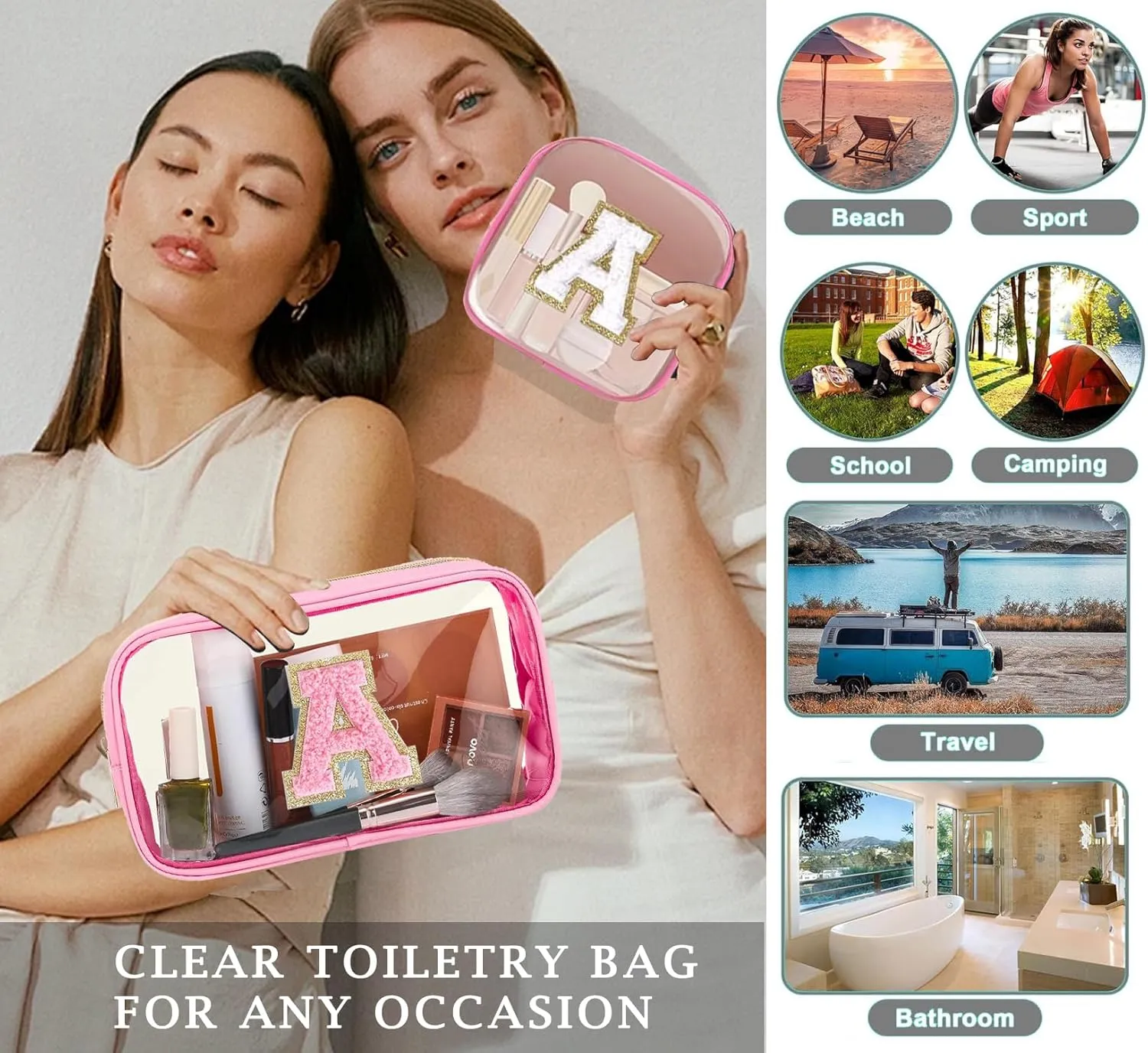 2pcs Personalized Initial Letter Clear Makeup Bag | Waterproof Nylon Preppy Cosmetic Bag | Travel Toiletry Bag | Monogrammed Gifts for Women Girl | Wedding Bridal Shower Gifts for Bridesmaids(Pink L)
