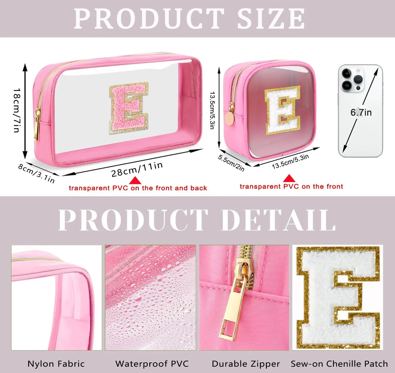 2pcs Personalized Initial Letter Clear Makeup Bag | Waterproof Nylon Preppy Cosmetic Bag | Travel Toiletry Bag | Monogrammed Gifts for Women Girl | Wedding Bridal Shower Gifts for Bridesmaids(Pink L)