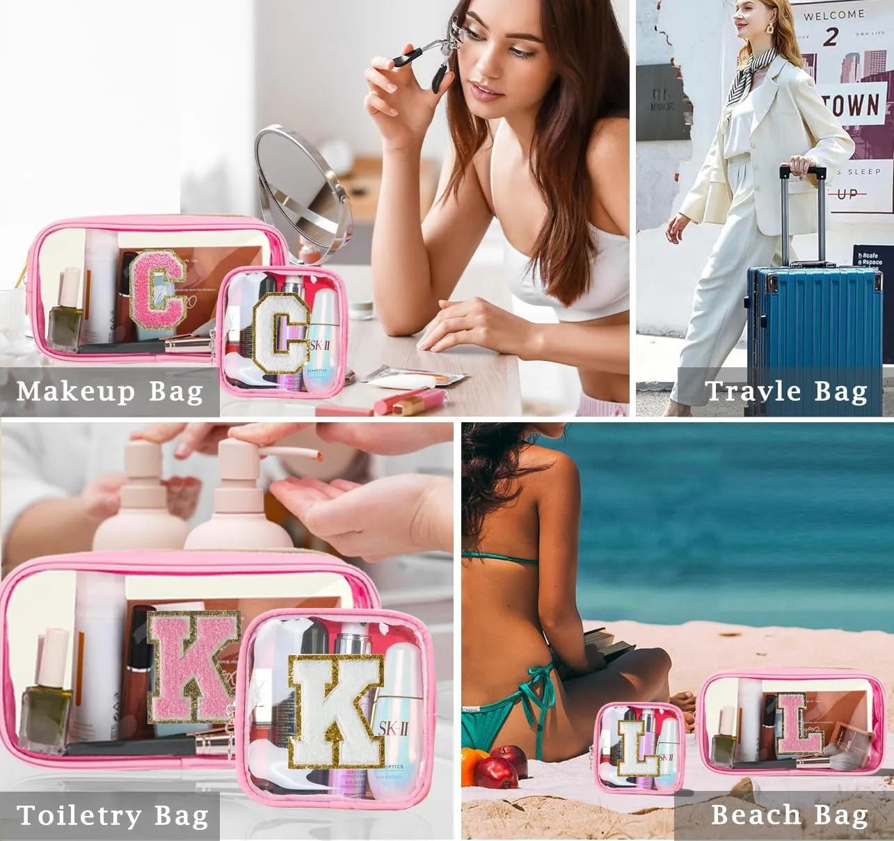 2pcs Personalized Initial Letter Clear Makeup Bag | Waterproof Nylon Preppy Cosmetic Bag | Travel Toiletry Bag | Monogrammed Gifts for Women Girl | Wedding Bridal Shower Gifts for Bridesmaids(Pink L)