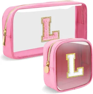 2pcs Personalized Initial Letter Clear Makeup Bag | Waterproof Nylon Preppy Cosmetic Bag | Travel Toiletry Bag | Monogrammed Gifts for Women Girl | Wedding Bridal Shower Gifts for Bridesmaids(Pink L)
