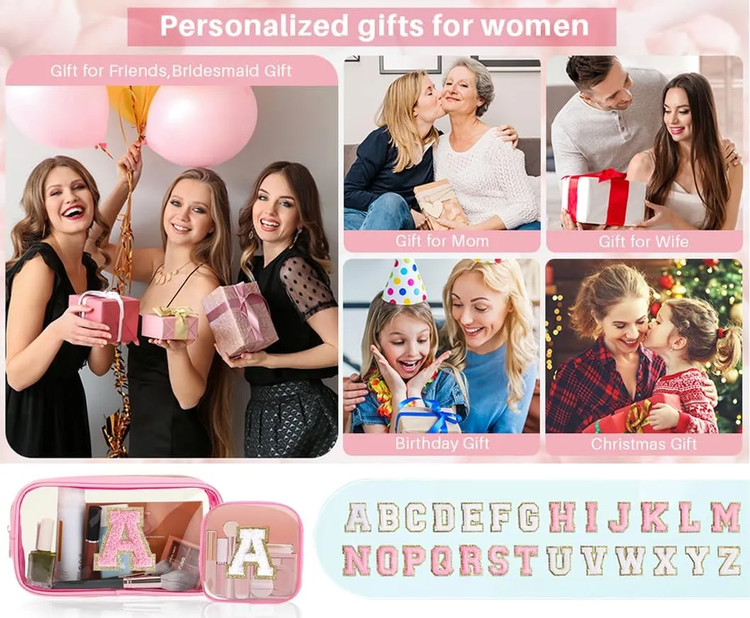 2pcs Personalized Initial Letter Clear Makeup Bag | Waterproof Nylon Preppy Cosmetic Bag | Travel Toiletry Bag | Monogrammed Gifts for Women Girl | Wedding Bridal Shower Gifts for Bridesmaids(Pink L)