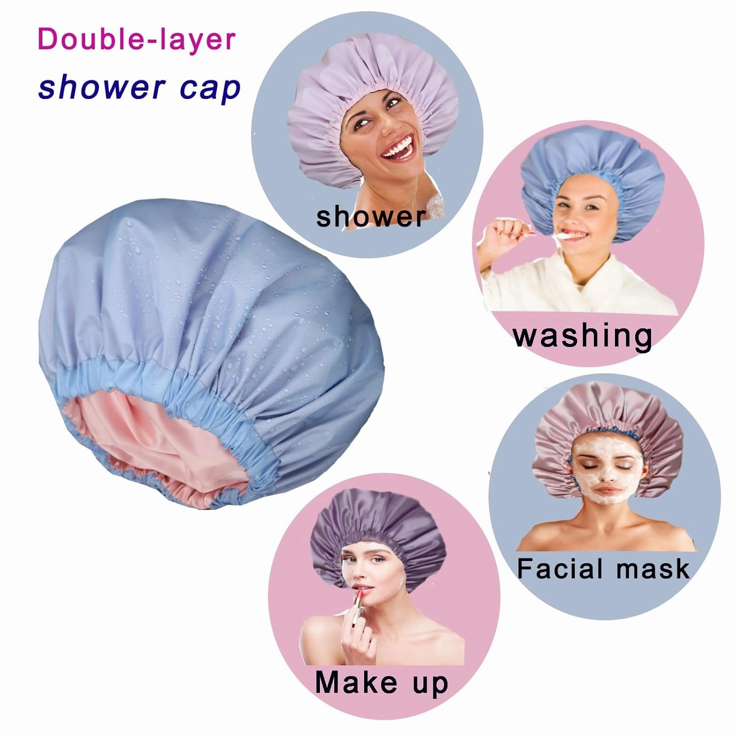2Pcs Genergy Satin lined Shower Cap for Women Reusable Luxury Waterproof Extra Large Adjustable, Double Layers &Reversible Satin Bonnet Shower Cap(light blue   pink)