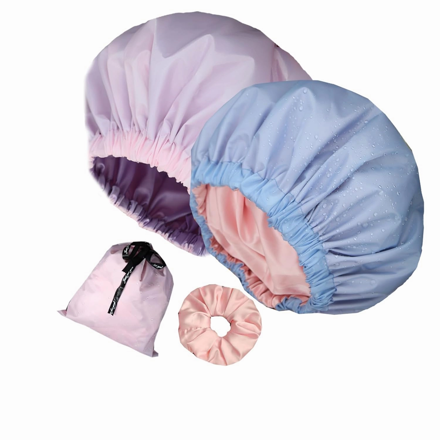 2Pcs Genergy Satin lined Shower Cap for Women Reusable Luxury Waterproof Extra Large Adjustable, Double Layers &Reversible Satin Bonnet Shower Cap(light blue   pink)