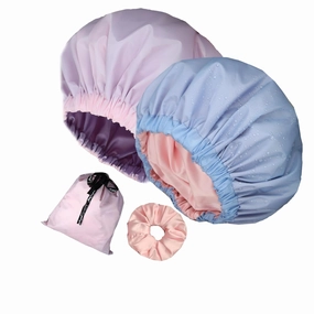2Pcs Genergy Satin lined Shower Cap for Women Reusable Luxury Waterproof Extra Large Adjustable, Double Layers &Reversible Satin Bonnet Shower Cap(light blue   pink)
