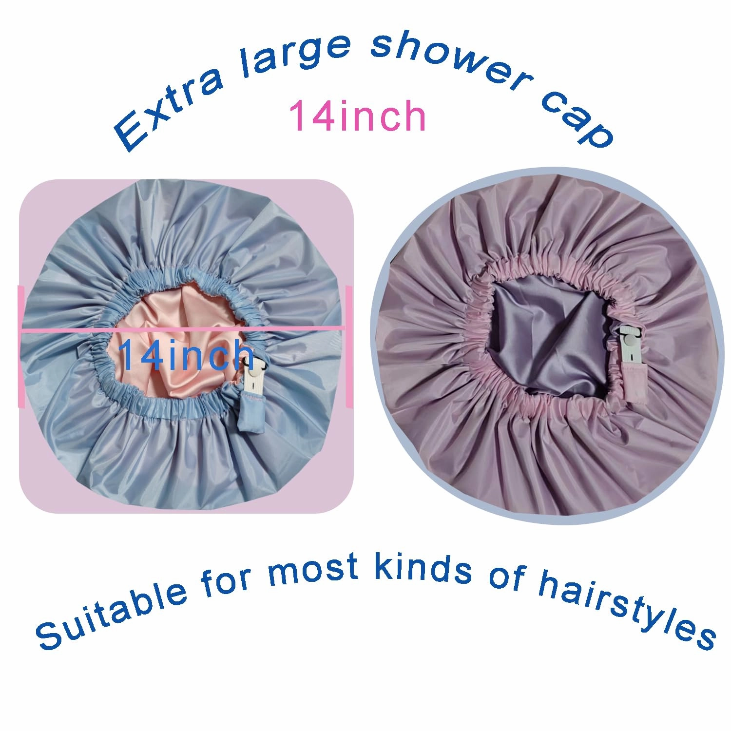 2Pcs Genergy Satin lined Shower Cap for Women Reusable Luxury Waterproof Extra Large Adjustable, Double Layers &Reversible Satin Bonnet Shower Cap(light blue   pink)