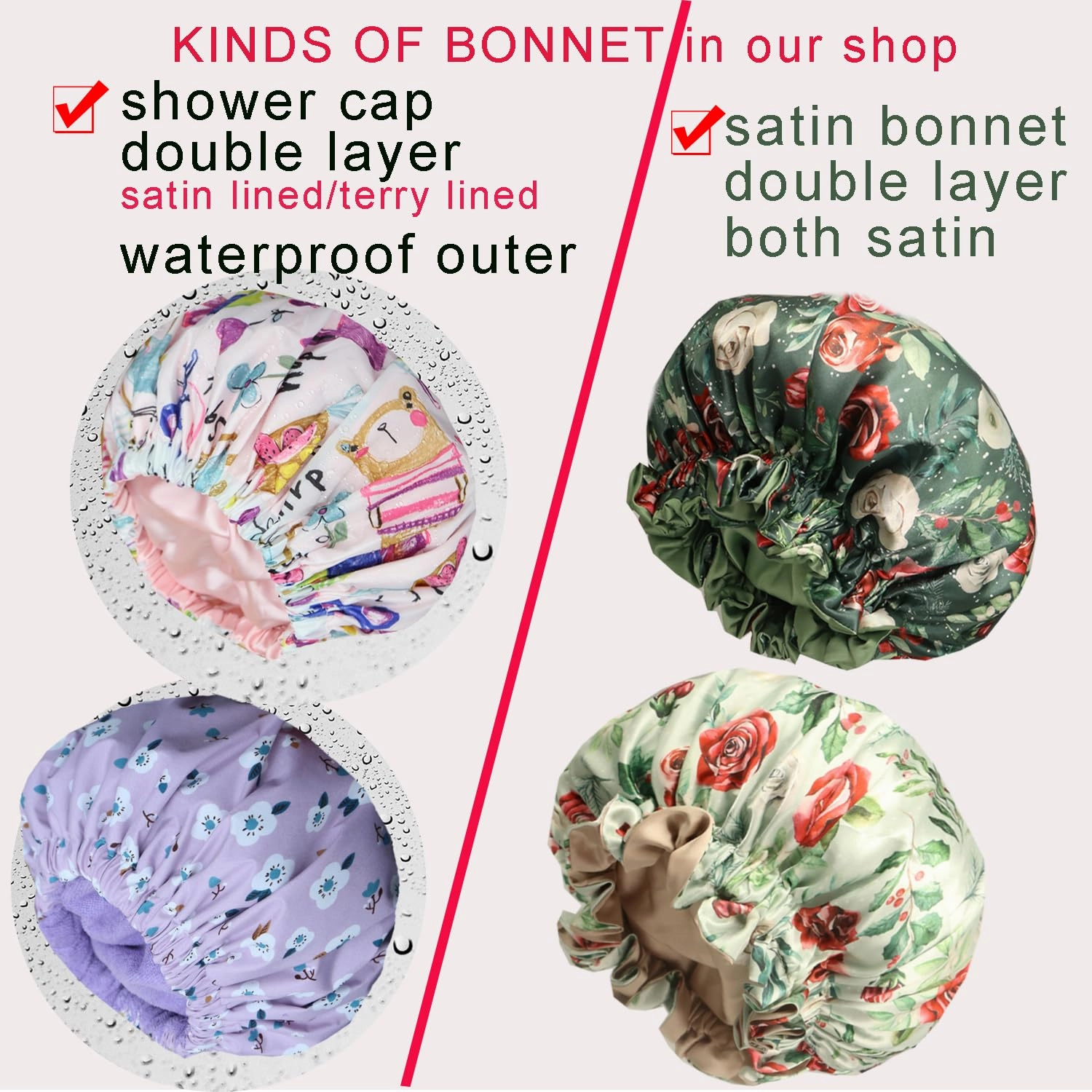 2Pcs Genergy Satin lined Shower Cap for Women Reusable Luxury Waterproof Extra Large Adjustable, Double Layers &Reversible Satin Bonnet Shower Cap(light blue   pink)