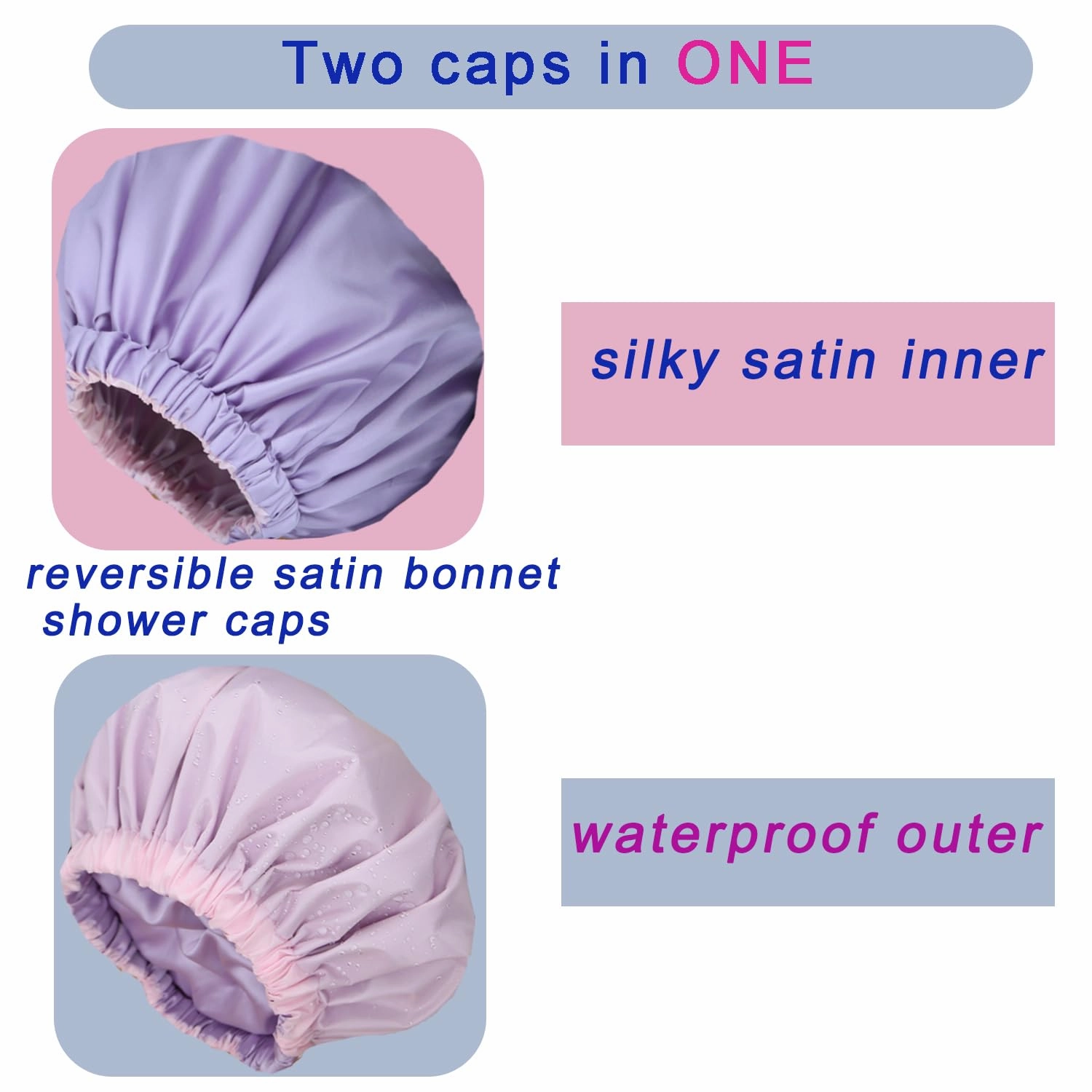 2Pcs Genergy Satin lined Shower Cap for Women Reusable Luxury Waterproof Extra Large Adjustable, Double Layers &Reversible Satin Bonnet Shower Cap(light blue   pink)