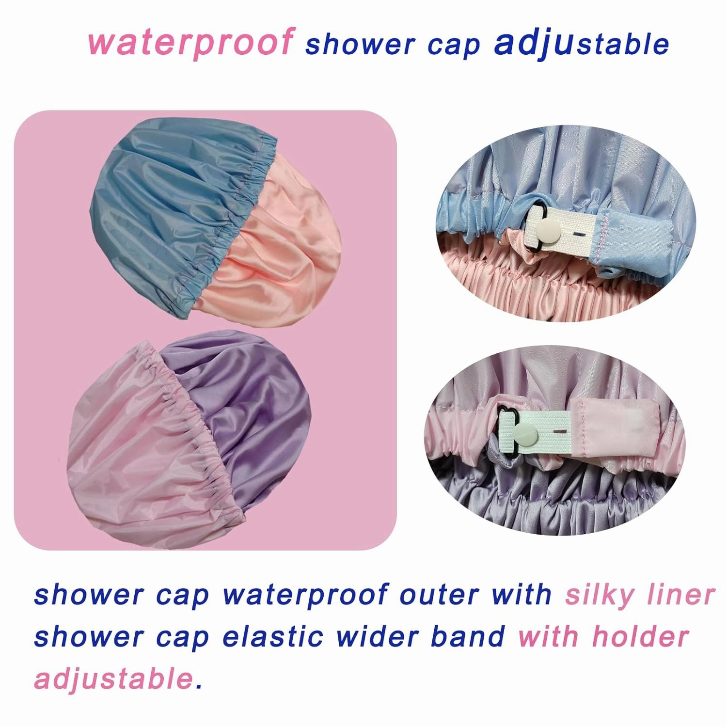 2Pcs Genergy Satin lined Shower Cap for Women Reusable Luxury Waterproof Extra Large Adjustable, Double Layers &Reversible Satin Bonnet Shower Cap(light blue   pink)