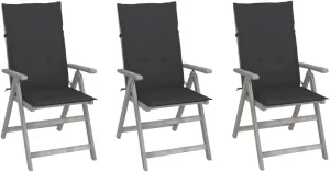 3-Piece Solid Acacia Wood Patio Reclining Chairs with Cushions, 5-Position Adjustable Outdoor Lounge Chairs, Gray Wash Finish Furniture for Poolside Backyard Deck