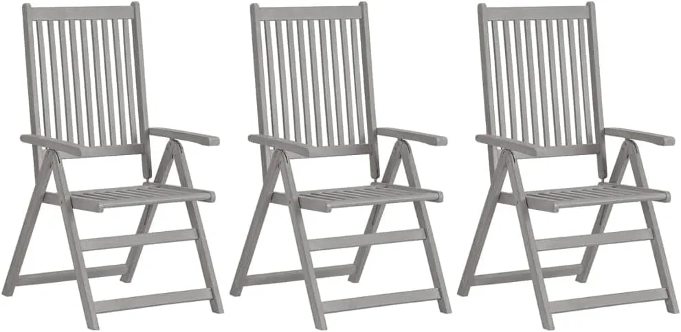 3-Piece Solid Acacia Wood Patio Reclining Chairs with Cushions, 5-Position Adjustable Outdoor Lounge Chairs, Gray Wash Finish Furniture for Poolside Backyard Deck