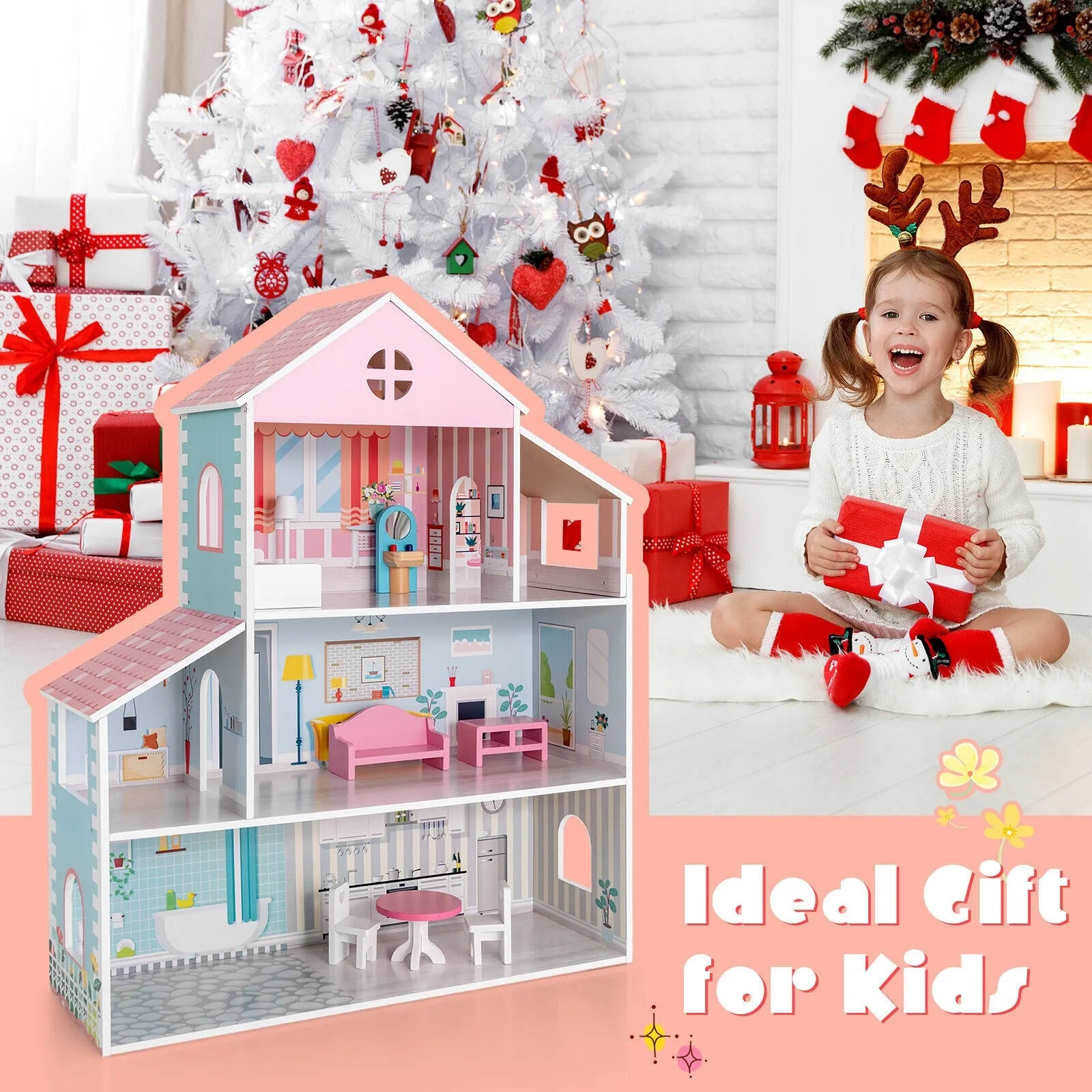 3-Tier Toddler Doll House with Furniture Gift for Age over 3