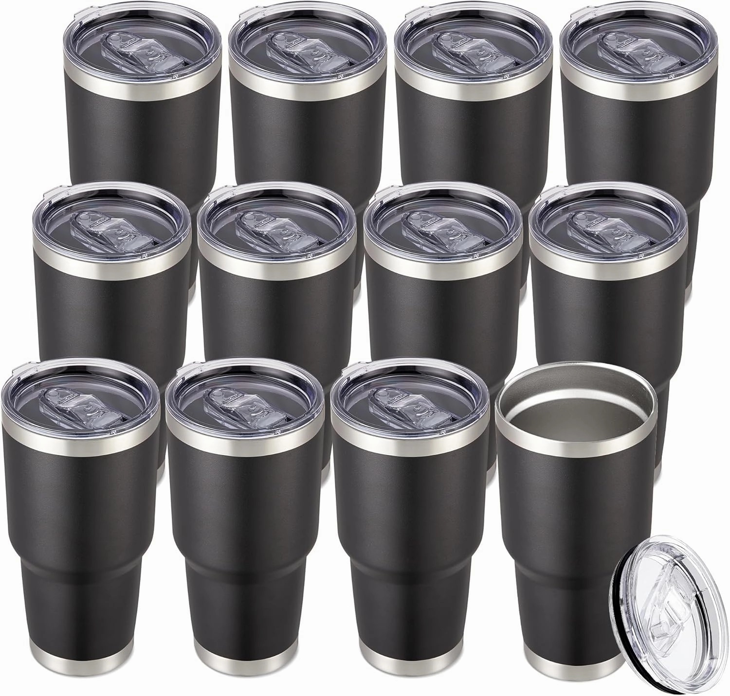30 oz Tumbler with Lid Stainless Steel Tumblers Bulk Vacuum Insulated Cup Reusable Powder Coated Travel Mug Double Wall Leak Proof Cups Keep Cold Drinks for 12 Hours Black, Set of 12