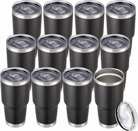 30 oz Tumbler with Lid Stainless Steel Tumblers Bulk Vacuum Insulated Cup Reusable Powder Coated Travel Mug Double Wall Leak Proof Cups Keep Cold Drinks for 12 Hours Black, Set of 12