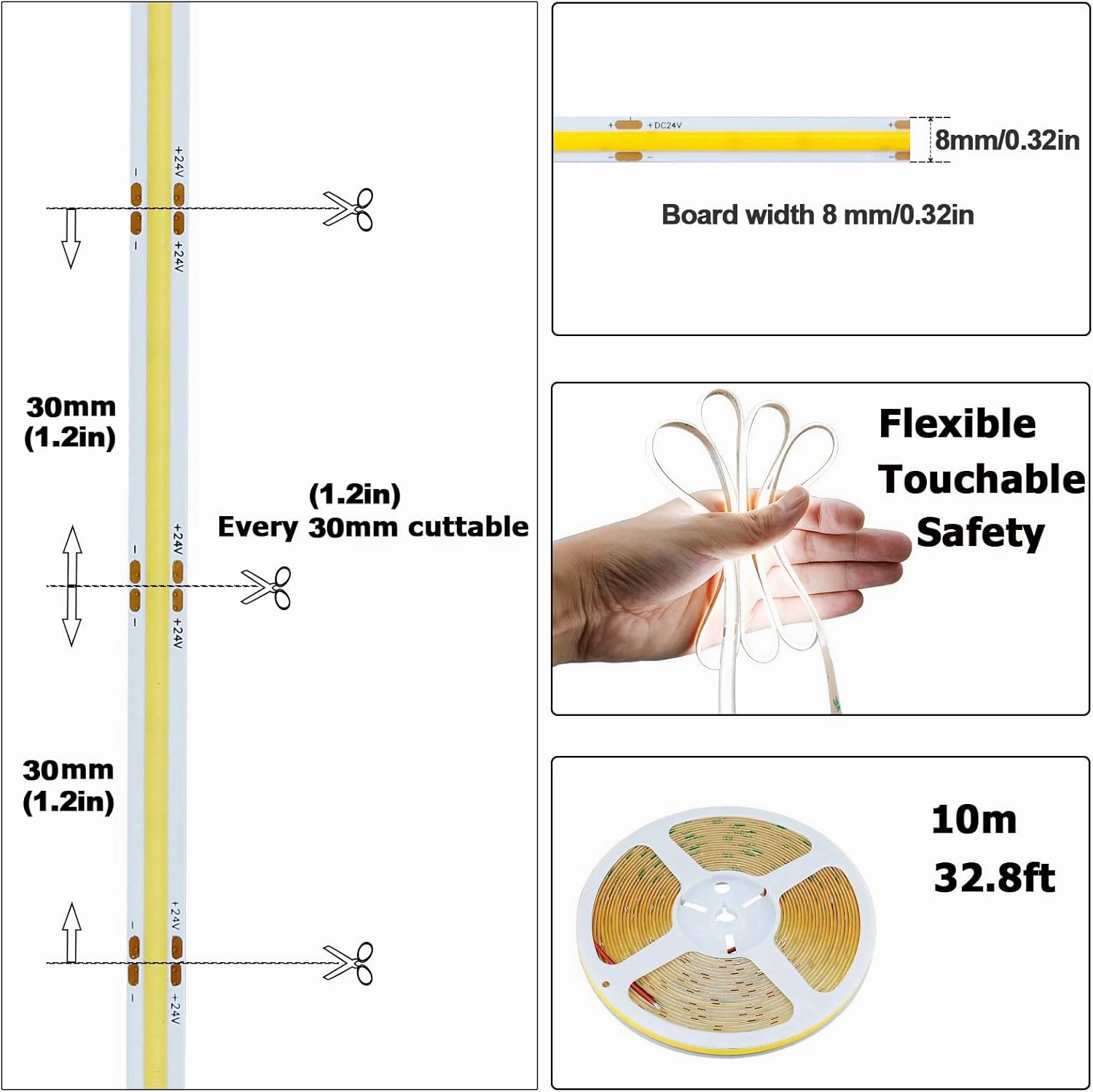 32.8ft(10M) 24V COB LED Strip Light Cool White 6000K 3840LEDs CRI 93  6800lm Uniform Glow Dotless IP20 Not Waterproof Flexible LED Tape Lights for DIY Cabinet Bedroom Home Decor(No Power Supply)