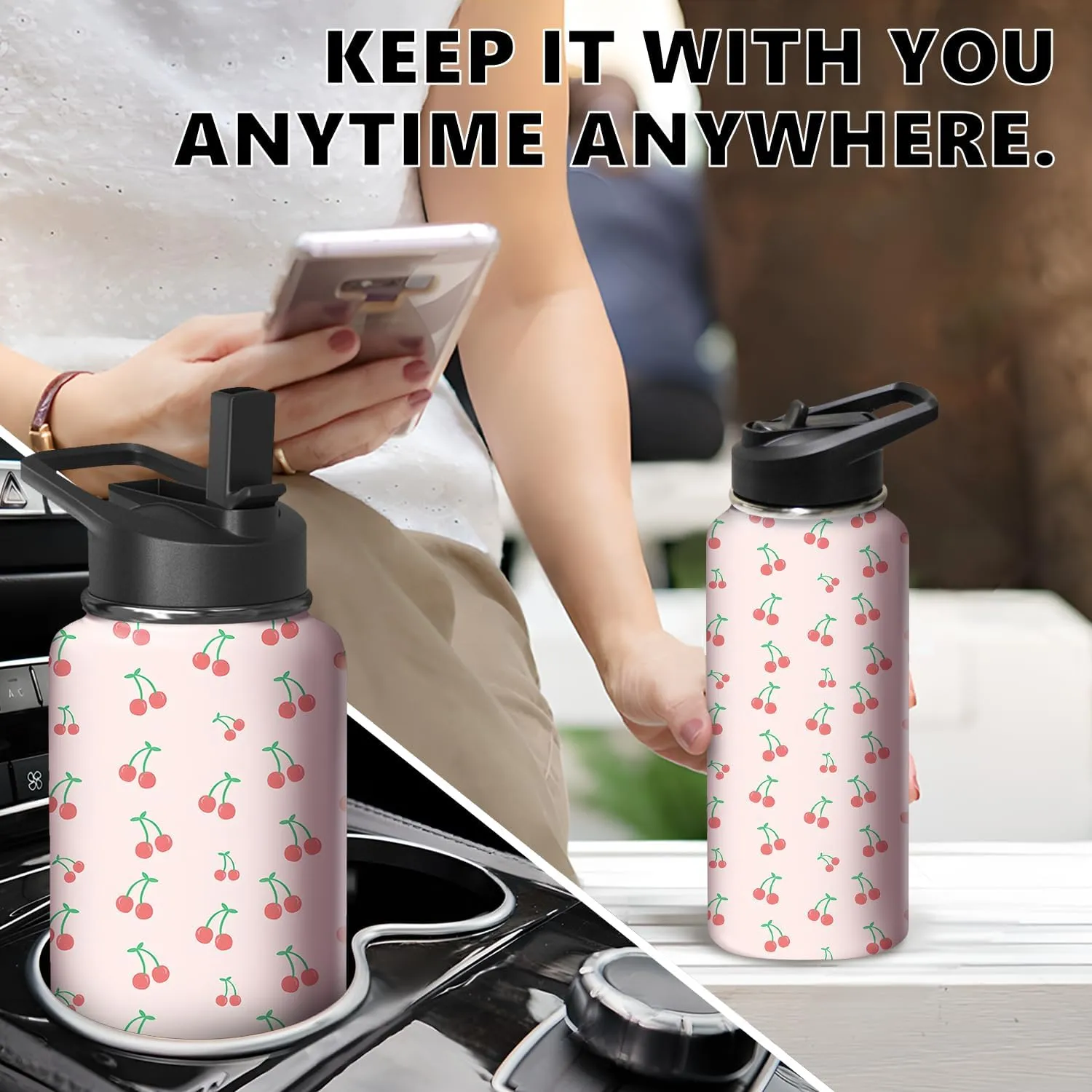 32oz Cherry Water Bottle with Handle and Flip Straw, Sports Stainless Steel Insulated Cup Travel Coffee Mug Tumbler, Birthday Mothers Day Chritmas Gifts for Women