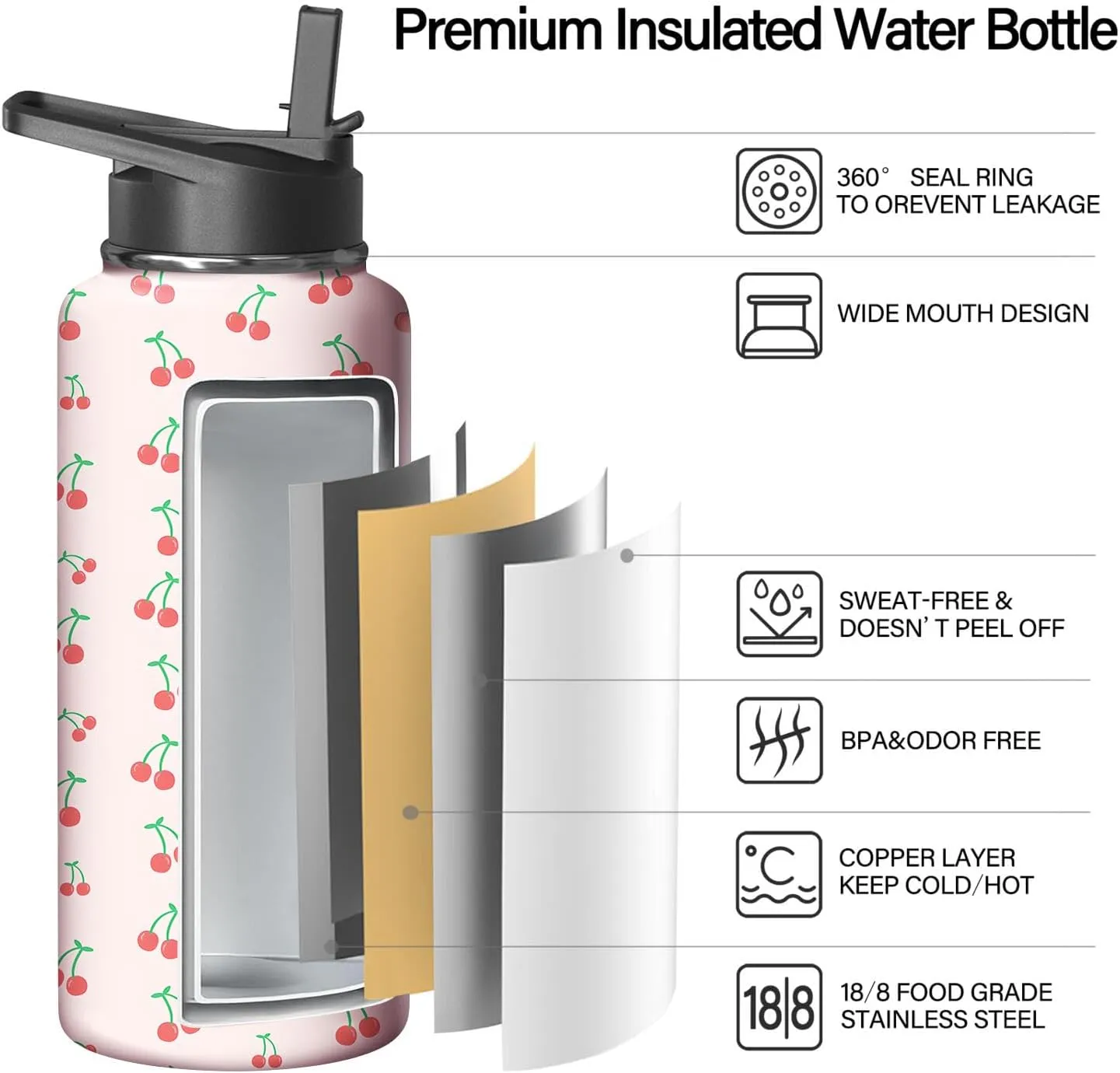 32oz Cherry Water Bottle with Handle and Flip Straw, Sports Stainless Steel Insulated Cup Travel Coffee Mug Tumbler, Birthday Mothers Day Chritmas Gifts for Women
