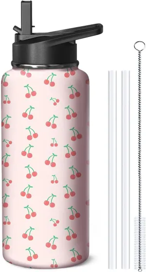 32oz Cherry Water Bottle with Handle and Flip Straw, Sports Stainless Steel Insulated Cup Travel Coffee Mug Tumbler, Birthday Mothers Day Chritmas Gifts for Women