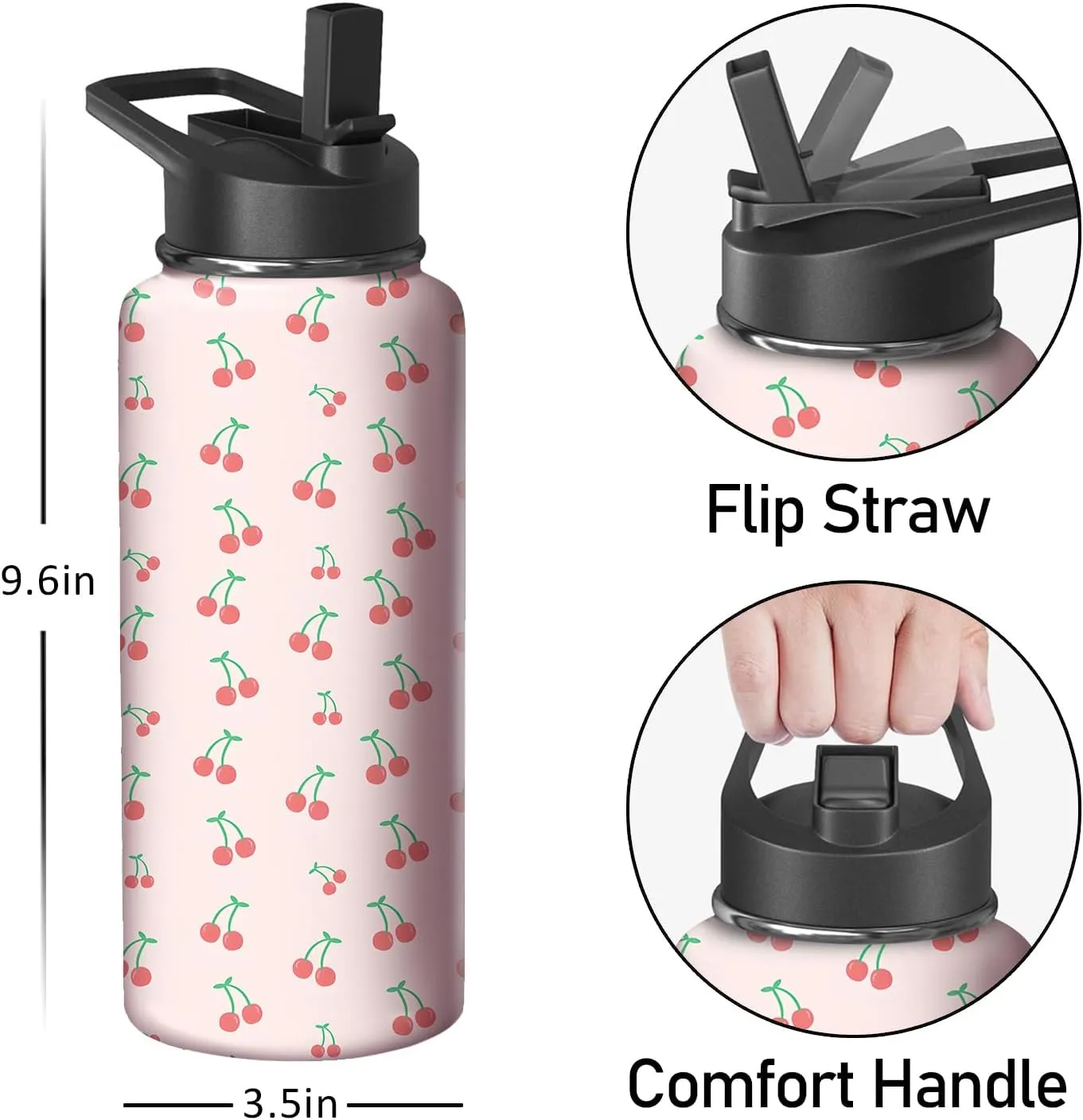 32oz Cherry Water Bottle with Handle and Flip Straw, Sports Stainless Steel Insulated Cup Travel Coffee Mug Tumbler, Birthday Mothers Day Chritmas Gifts for Women