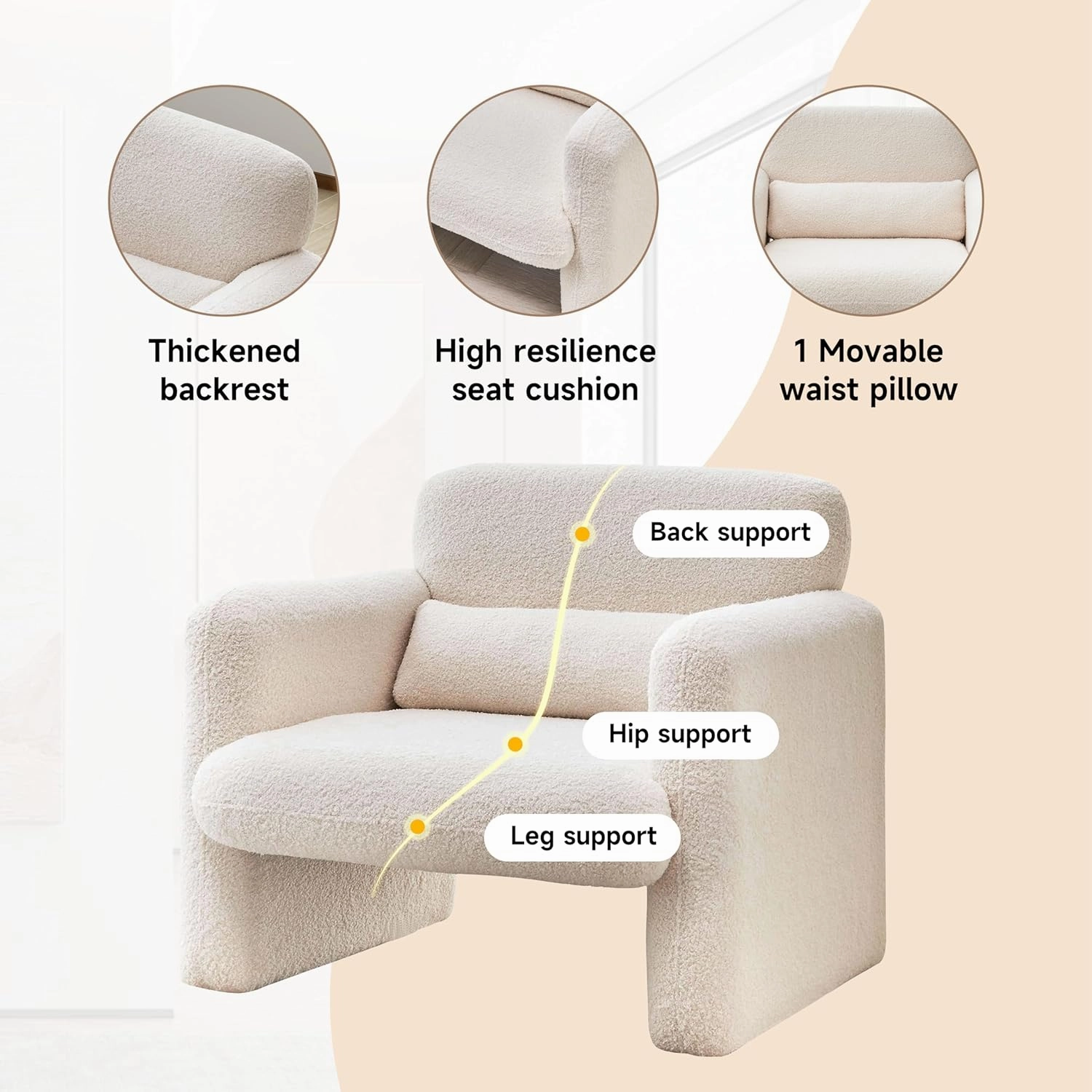33.86" Accent Chairs, Modern Sherpa Lamb Fabric Armed Chair Comfy Upholstered Armchair Leisure Single Sofa Chair with a Waist Pillow for Bedroom, Office and Living Room