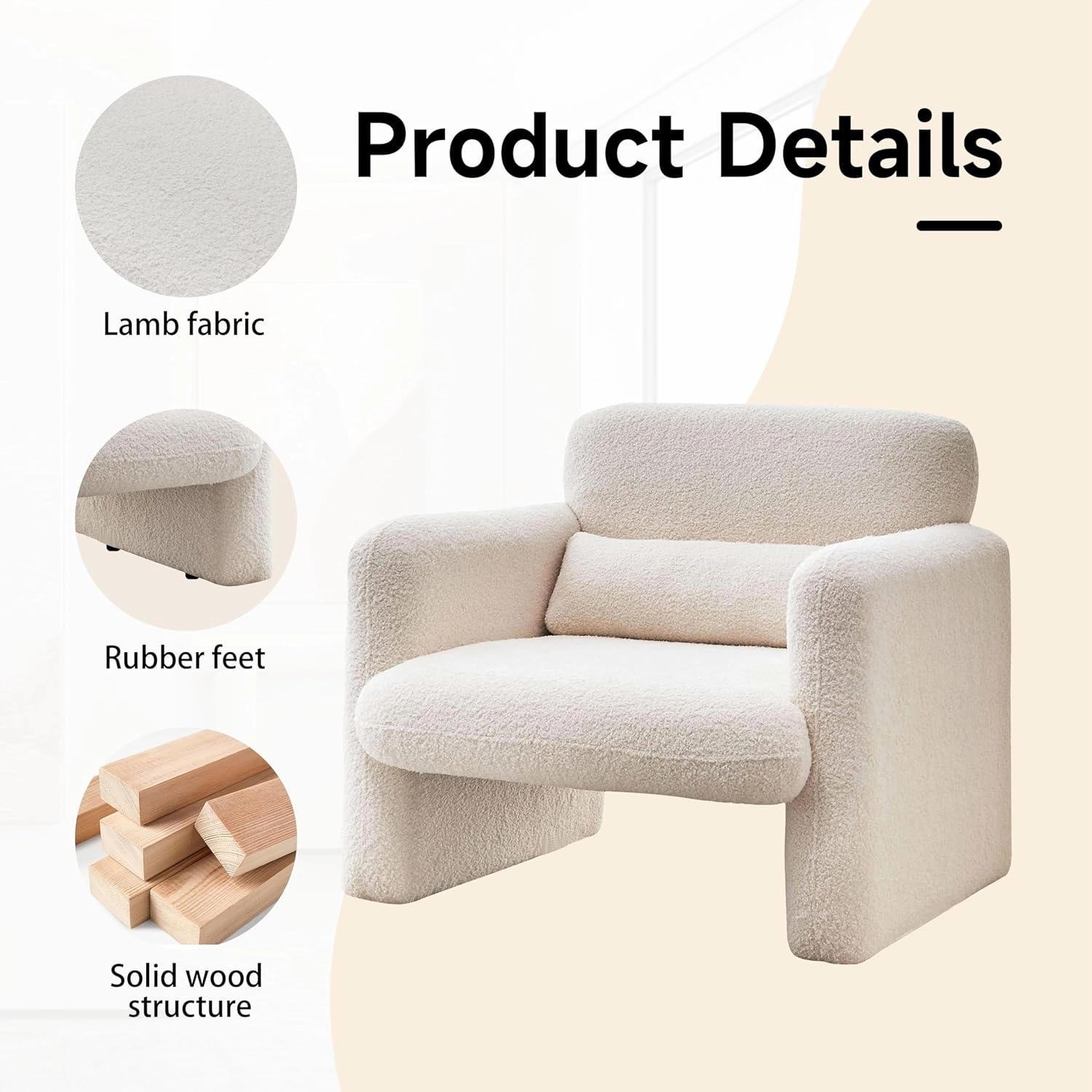 33.86" Accent Chairs, Modern Sherpa Lamb Fabric Armed Chair Comfy Upholstered Armchair Leisure Single Sofa Chair with a Waist Pillow for Bedroom, Office and Living Room