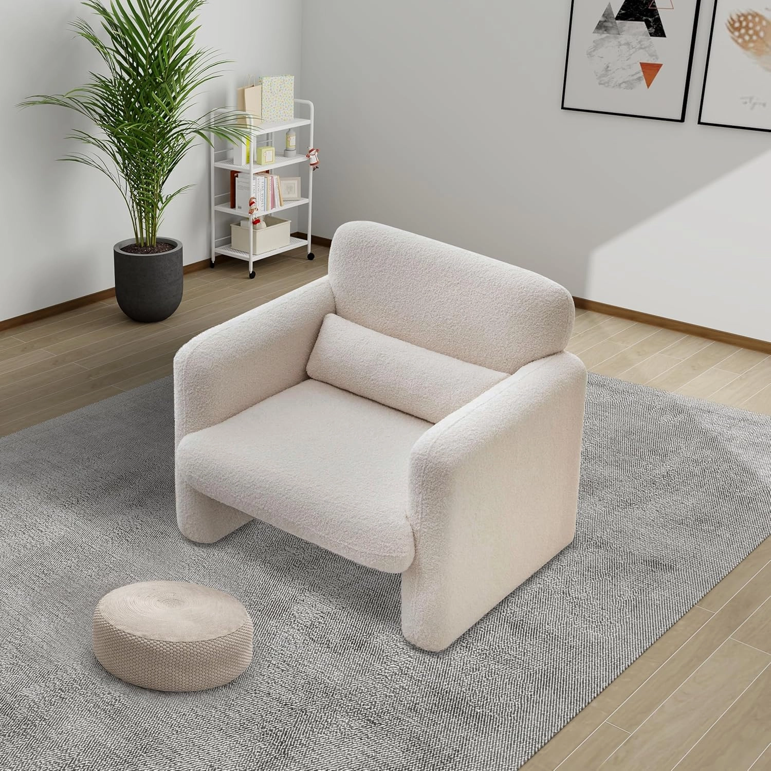 33.86" Accent Chairs, Modern Sherpa Lamb Fabric Armed Chair Comfy Upholstered Armchair Leisure Single Sofa Chair with a Waist Pillow for Bedroom, Office and Living Room