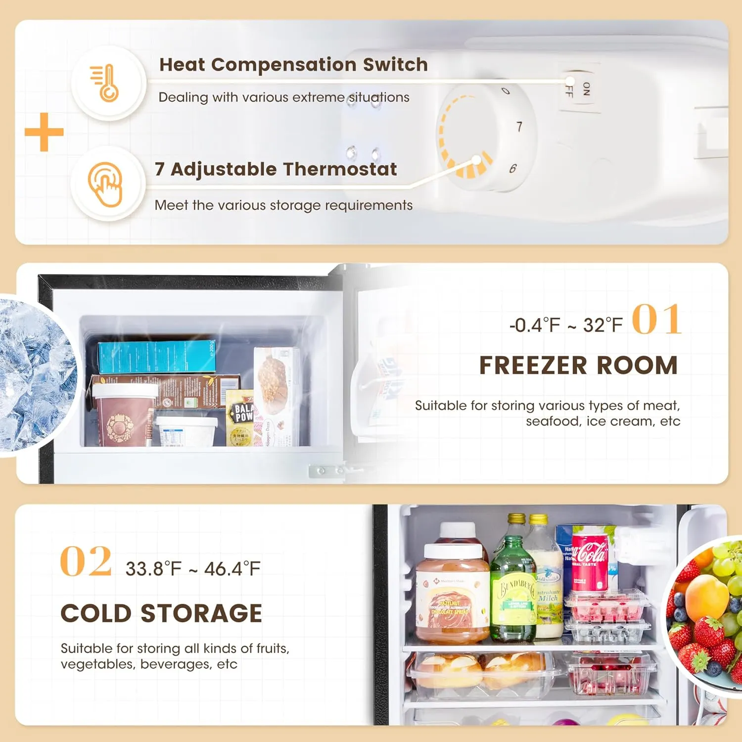 3.5 Cu.Ft Mini Fridge with Freezer, 2 Door Small Refrigerator, 7 Level Adjustable Thermostat, Compact Fridge for Living Room, Office, Kitchen and Apartment(Black)