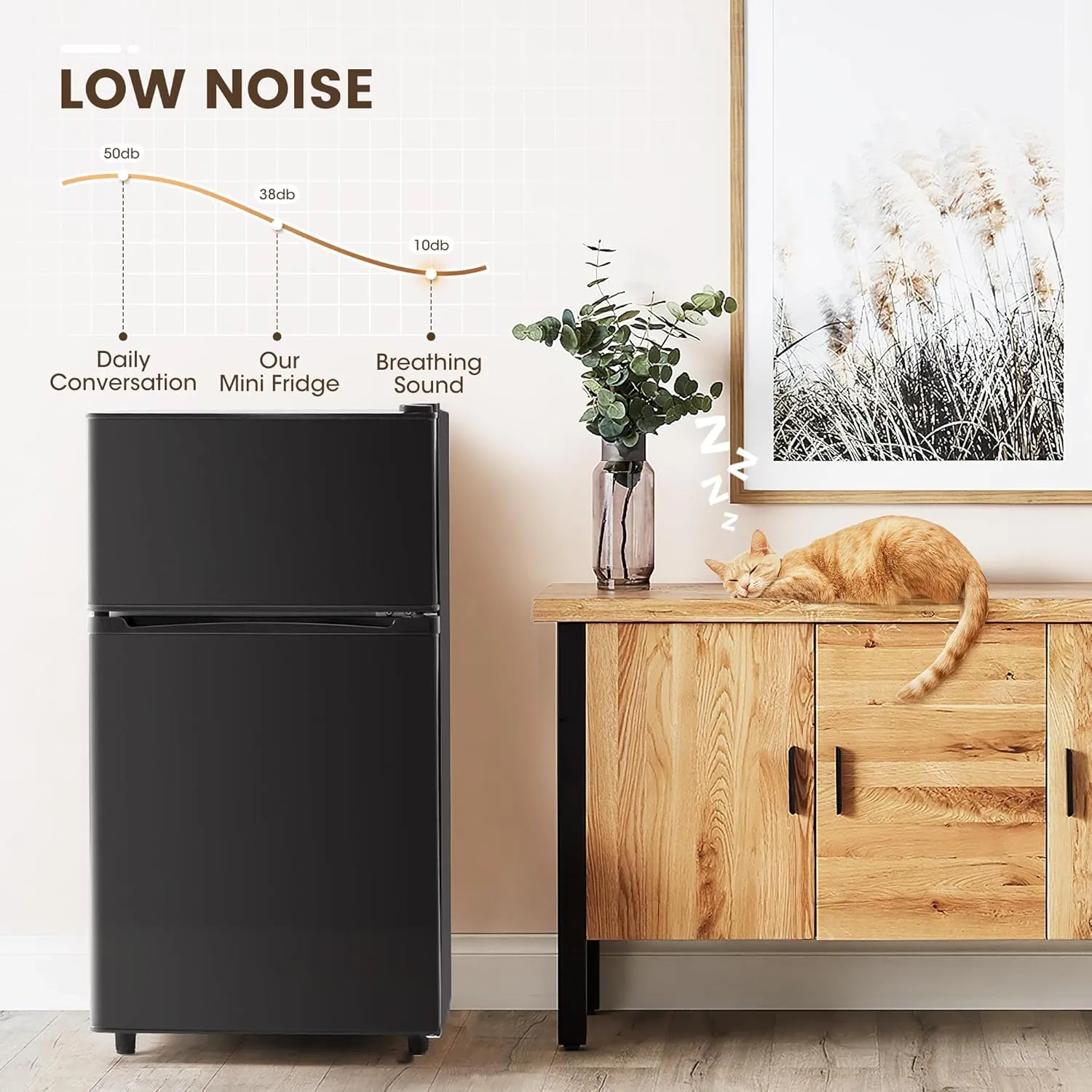 3.5 Cu.Ft Mini Fridge with Freezer, 2 Door Small Refrigerator, 7 Level Adjustable Thermostat, Compact Fridge for Living Room, Office, Kitchen and Apartment(Black)