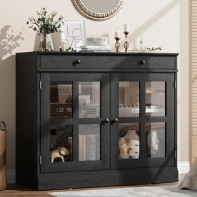 35.4" Sideboard Buffet Cabinets with Glass Door, Buffet Cabinet with Storage, Black Sideboard Cabinet with Drawer, Modern Buffets & Sideboards for Dining Room, Kitchen