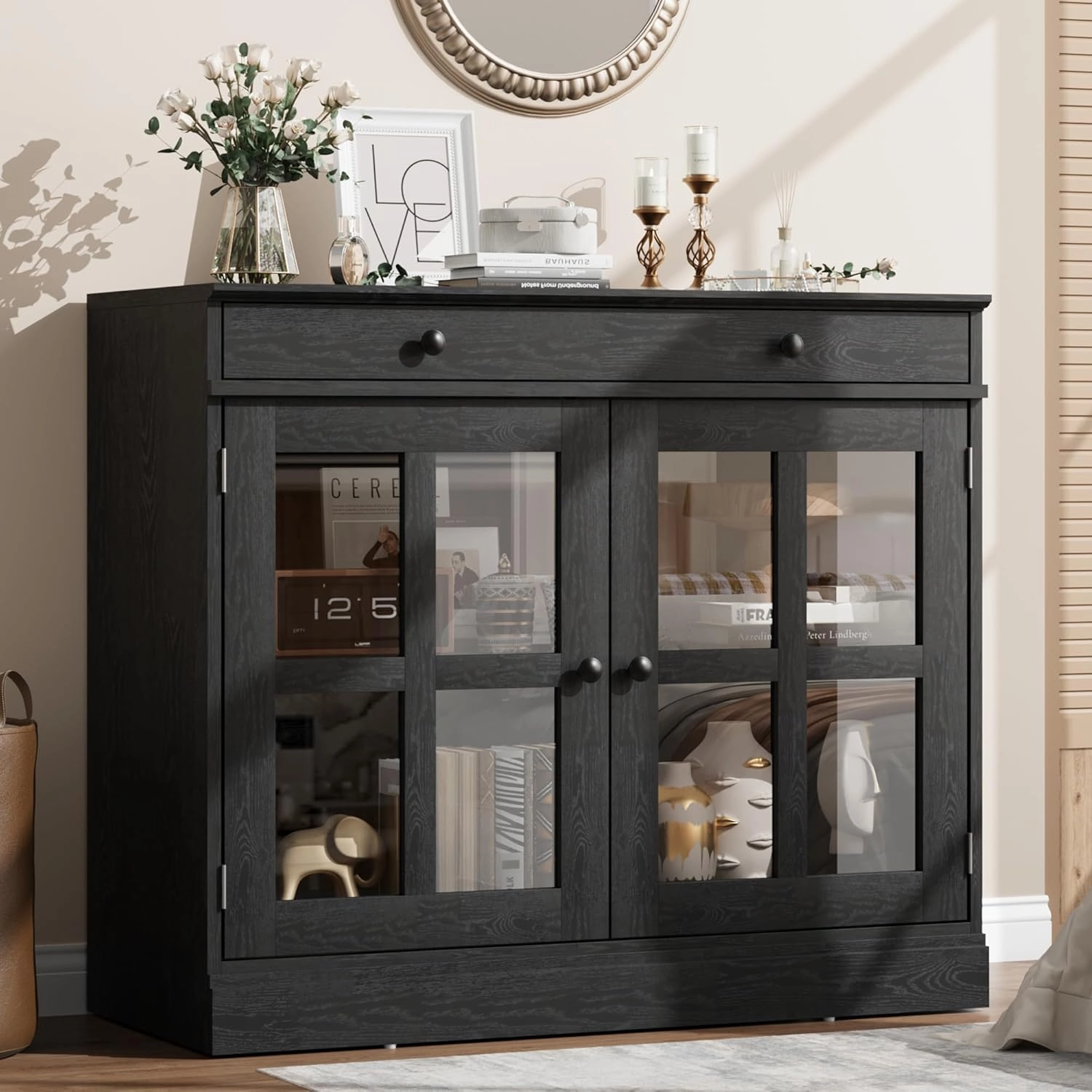 35.4" Sideboard Buffet Cabinets with Glass Door, Buffet Cabinet with Storage, Black Sideboard Cabinet with Drawer, Modern Buffets & Sideboards for Dining Room, Kitchen