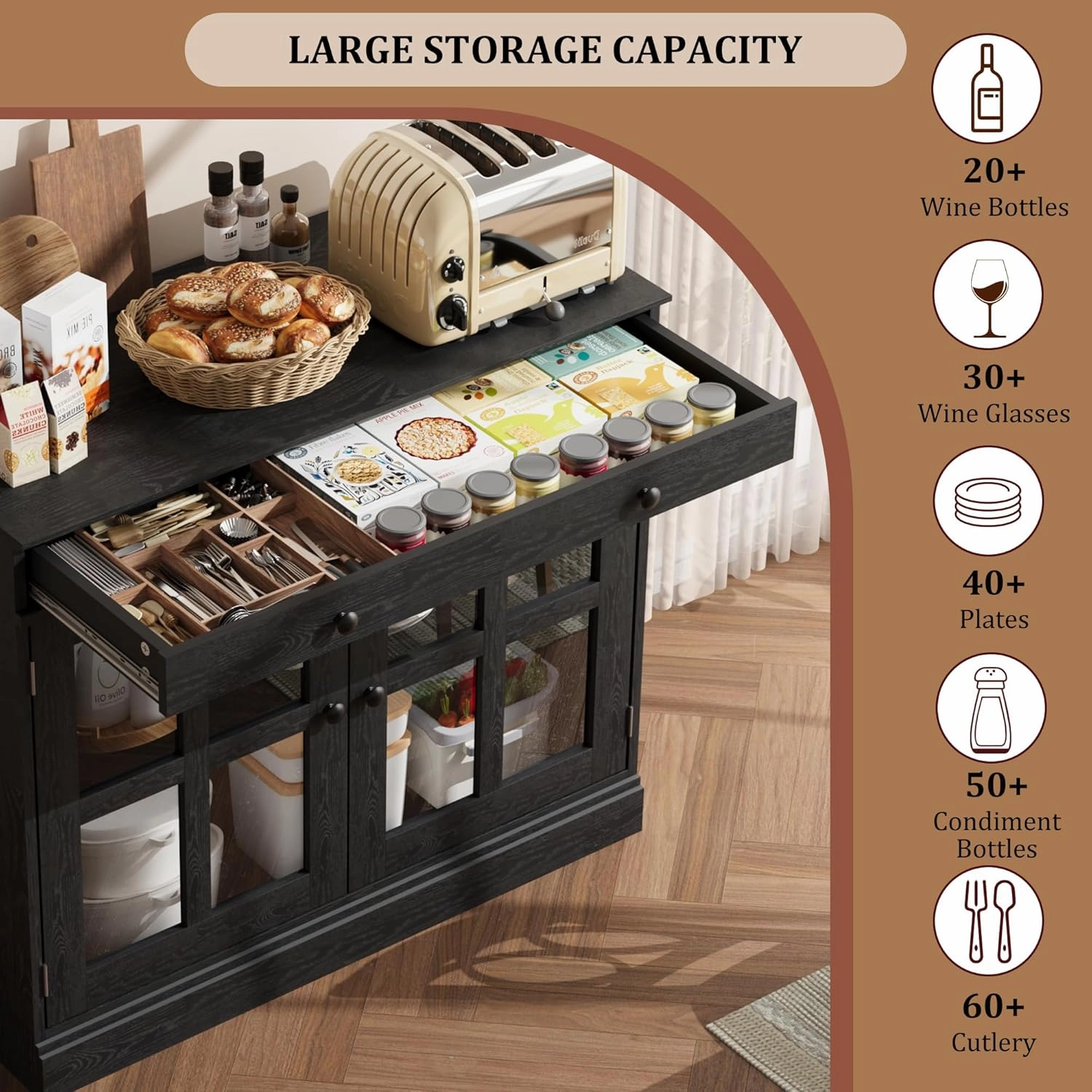 35.4" Sideboard Buffet Cabinets with Glass Door, Buffet Cabinet with Storage, Black Sideboard Cabinet with Drawer, Modern Buffets & Sideboards for Dining Room, Kitchen