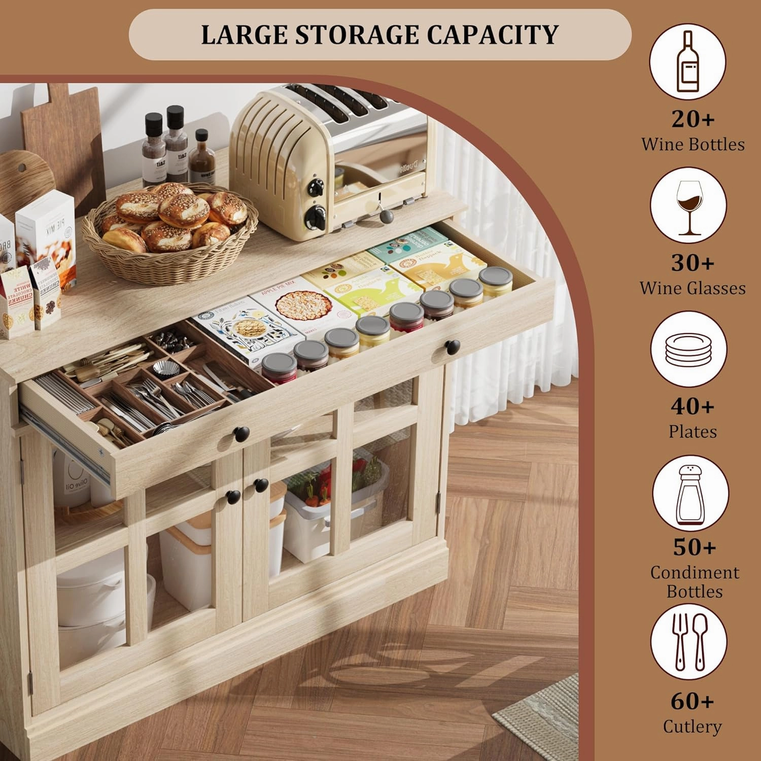 35.4" Sideboard Buffet Cabinets with Glass Door, Buffet Cabinet with Storage, Oak Sideboard Cabinet with Drawer, Modern Buffets & Sideboards for Dining Room, Kitchen