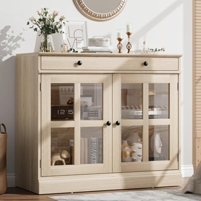 35.4" Sideboard Buffet Cabinets with Glass Door, Buffet Cabinet with Storage, Oak Sideboard Cabinet with Drawer, Modern Buffets & Sideboards for Dining Room, Kitchen