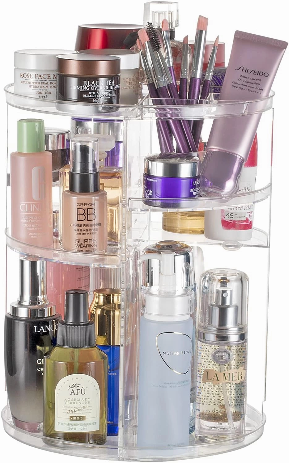 360° Rotating Makeup Organizer, Skincare Storage Box, Cosmetic Display Case with Brush Holder Perfume Tray, Multifunctional Rotating Rack Suitable for Dressing Tables and Bathroom Countertops