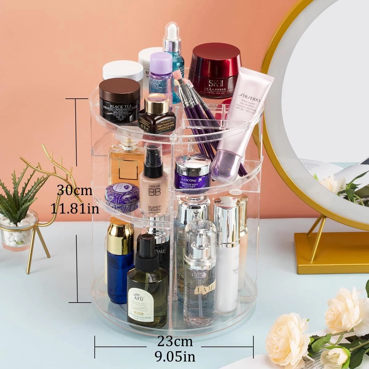 360° Rotating Makeup Organizer, Skincare Storage Box, Cosmetic Display Case with Brush Holder Perfume Tray, Multifunctional Rotating Rack Suitable for Dressing Tables and Bathroom Countertops