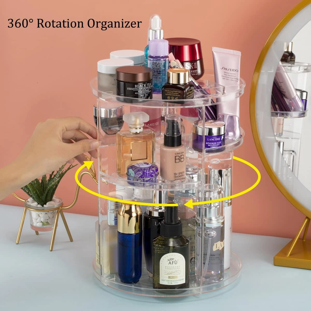 360° Rotating Makeup Organizer, Skincare Storage Box, Cosmetic Display Case with Brush Holder Perfume Tray, Multifunctional Rotating Rack Suitable for Dressing Tables and Bathroom Countertops