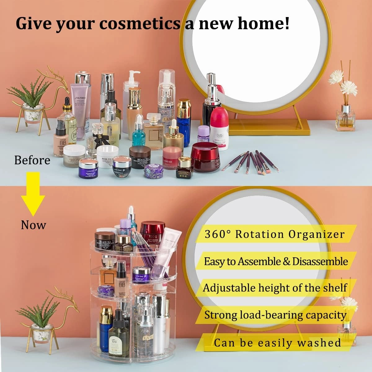 360° Rotating Makeup Organizer, Skincare Storage Box, Cosmetic Display Case with Brush Holder Perfume Tray, Multifunctional Rotating Rack Suitable for Dressing Tables and Bathroom Countertops