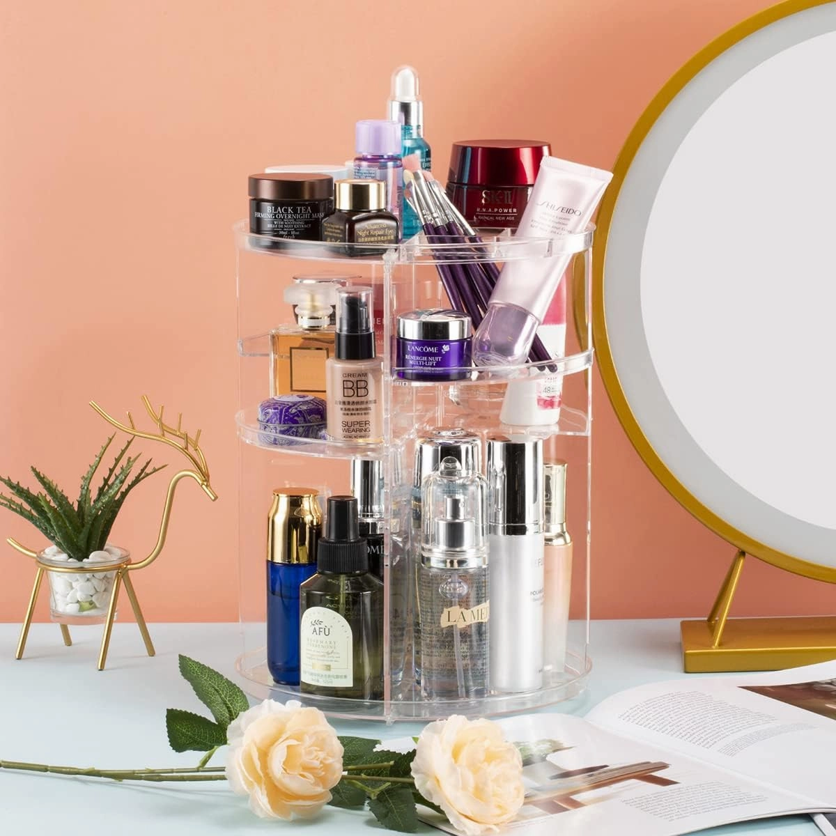 360° Rotating Makeup Organizer, Skincare Storage Box, Cosmetic Display Case with Brush Holder Perfume Tray, Multifunctional Rotating Rack Suitable for Dressing Tables and Bathroom Countertops