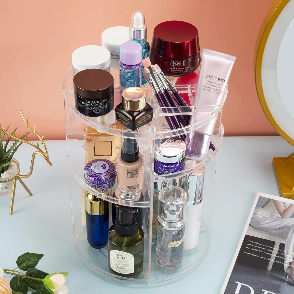 360° Rotating Makeup Organizer, Skincare Storage Box, Cosmetic Display Case with Brush Holder Perfume Tray, Multifunctional Rotating Rack Suitable for Dressing Tables and Bathroom Countertops