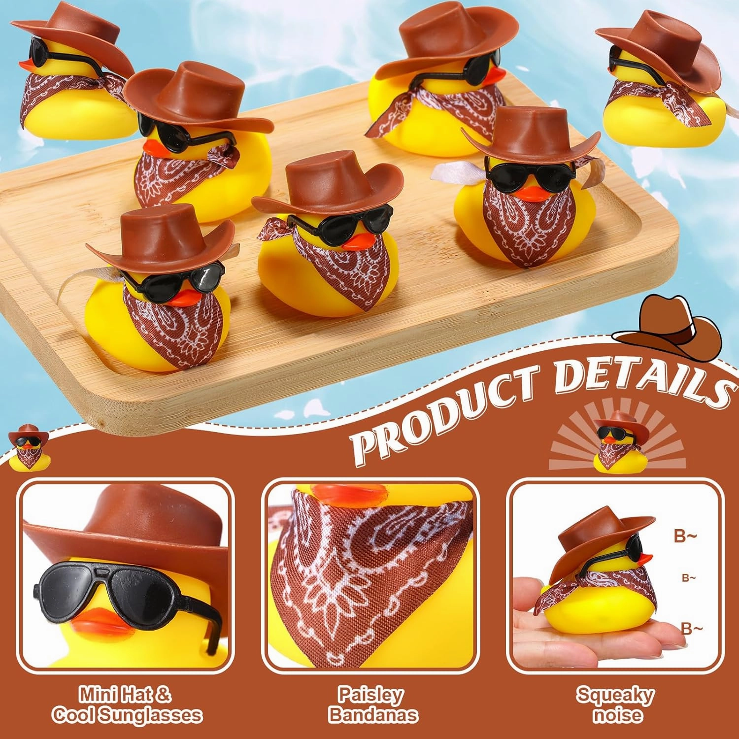 36 Set Cowboy Rubber Duck Mini Yellow Duckies Bath Party Toy Tiny Ducks Bathtub Toy with Cowboy Hat Paisley Bandanas Sunglasses for Summer Baby Shower Birthday Swimming Party (Classic Style)