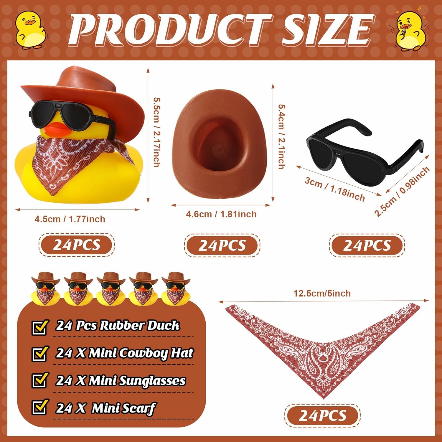 36 Set Cowboy Rubber Duck Mini Yellow Duckies Bath Party Toy Tiny Ducks Bathtub Toy with Cowboy Hat Paisley Bandanas Sunglasses for Summer Baby Shower Birthday Swimming Party (Classic Style)