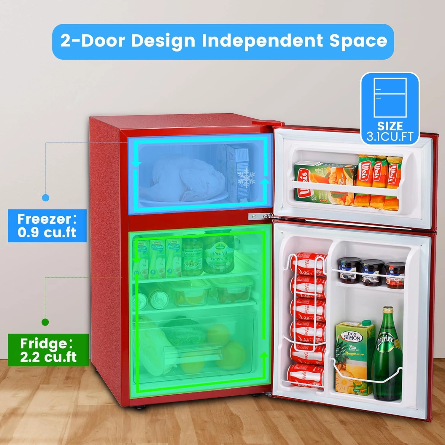 3.2 Cu.Ft Mini Fridge with Freezer, 2 Door Compact Refrigerator, Small Fridge with Adjustable Removable Glass Shelves for Dorm, Bedroom, Kitchen or Apartment, Red