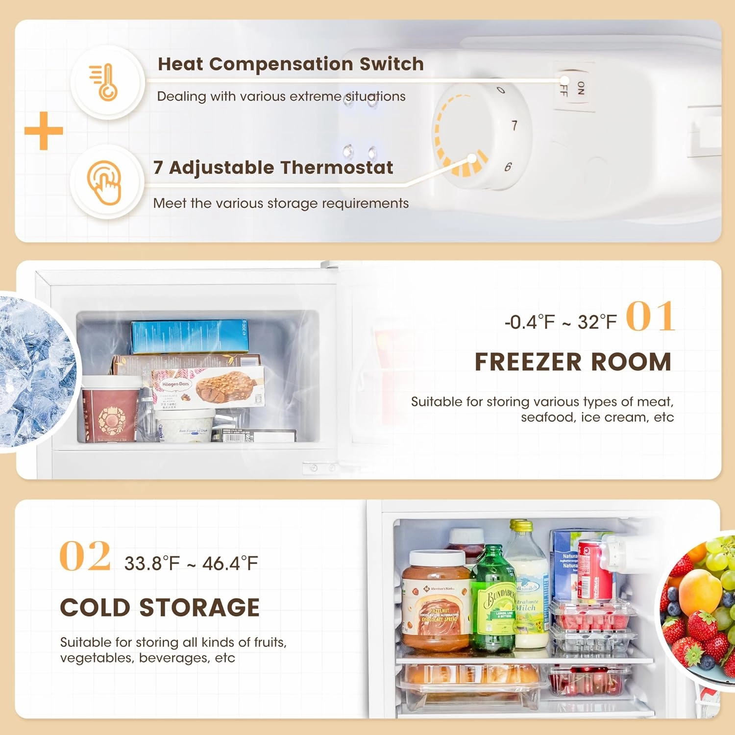 3.5 Cu.Ft 2 Door Mini Fridge with Freezer, Small Refrigerator, 7 Level Adjustable Thermostat, Compact Fridge for Living Room, Dorm, Office, Kitchen and Apartment (Pearl White)