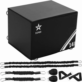 3-in-1 Foam Plyometric Box, High Density Exercise Platform, 14-inch Multi-Functional Workout Box with Resistance Bands, Exercise Handle and Ankle Strap.
