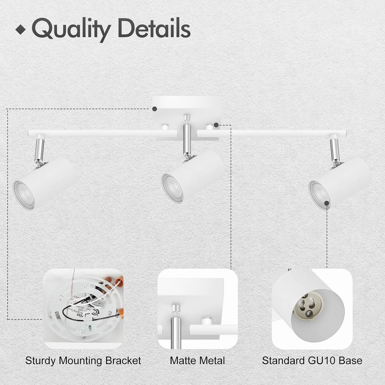 3 Light Track Lighting Fixtures Ceiling, White Kitchen Lighting Fixtures Ceiling, Track Lights Ceiling, Rotatable Light Heads, Modern Track Lights for Living Room,GU10 Bulb Not Included