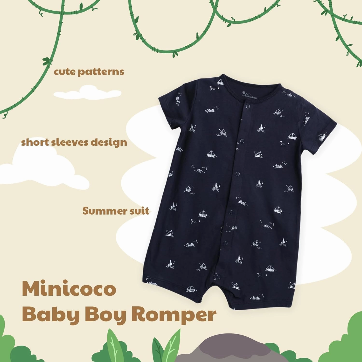 3-Pack 100% Cotton Baby Boy Rompers,0-24Months Short Sleeve Toddler Romper,Breathable Spring/Summer Clothes