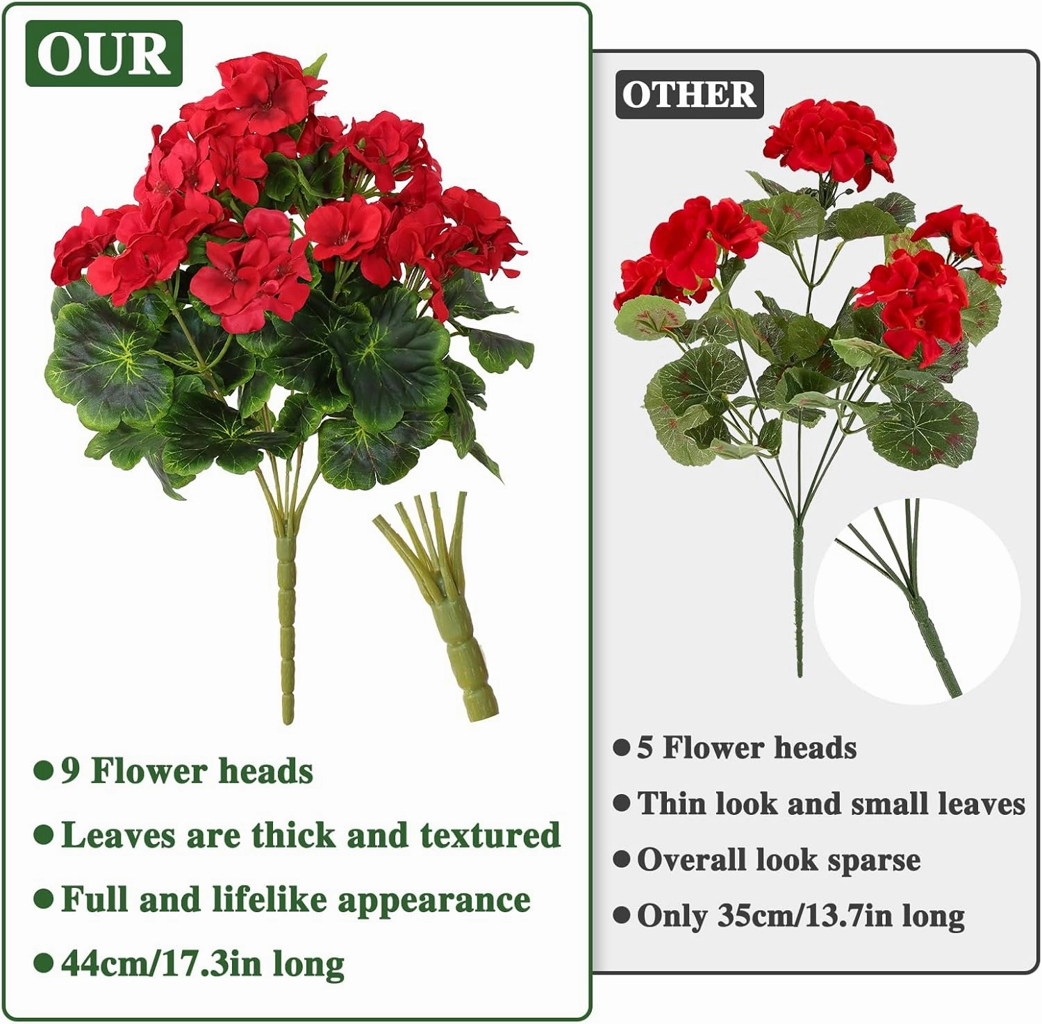 3 Pack Artificial Flowers for Outdoor 18'' Silk Geranium Flower Red Faux Geranium Bush UV Resistant Garden Plants Spring Fake Flowers Branch for Home Wedding Kitchen Table Centerpiece Decor