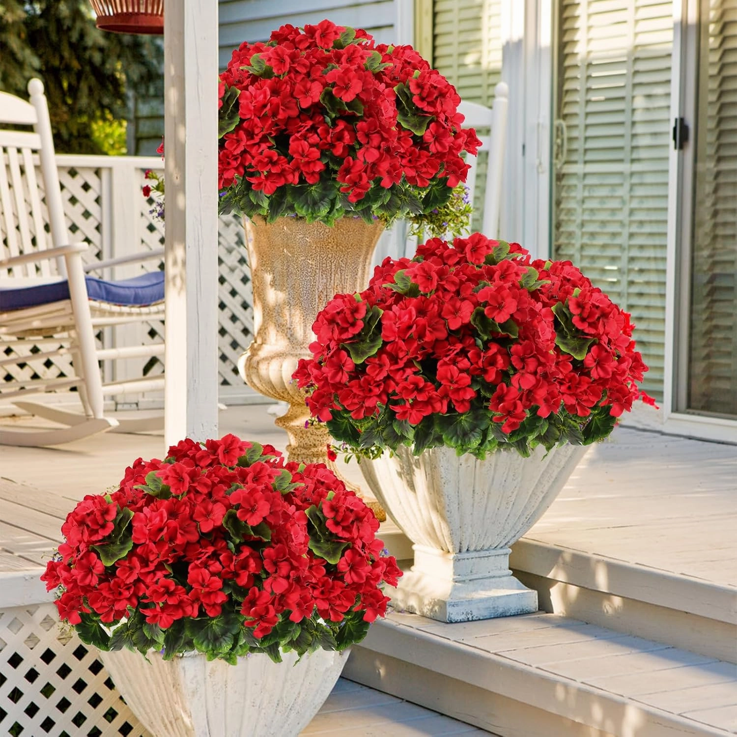 3 Pack Artificial Flowers for Outdoor 18'' Silk Geranium Flower Red Faux Geranium Bush UV Resistant Garden Plants Spring Fake Flowers Branch for Home Wedding Kitchen Table Centerpiece Decor