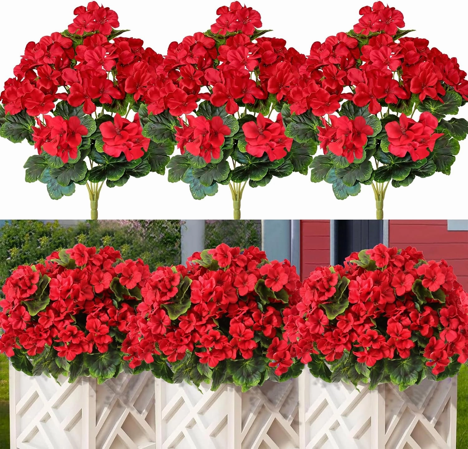 3 Pack Artificial Flowers for Outdoor 18'' Silk Geranium Flower Red Faux Geranium Bush UV Resistant Garden Plants Spring Fake Flowers Branch for Home Wedding Kitchen Table Centerpiece Decor